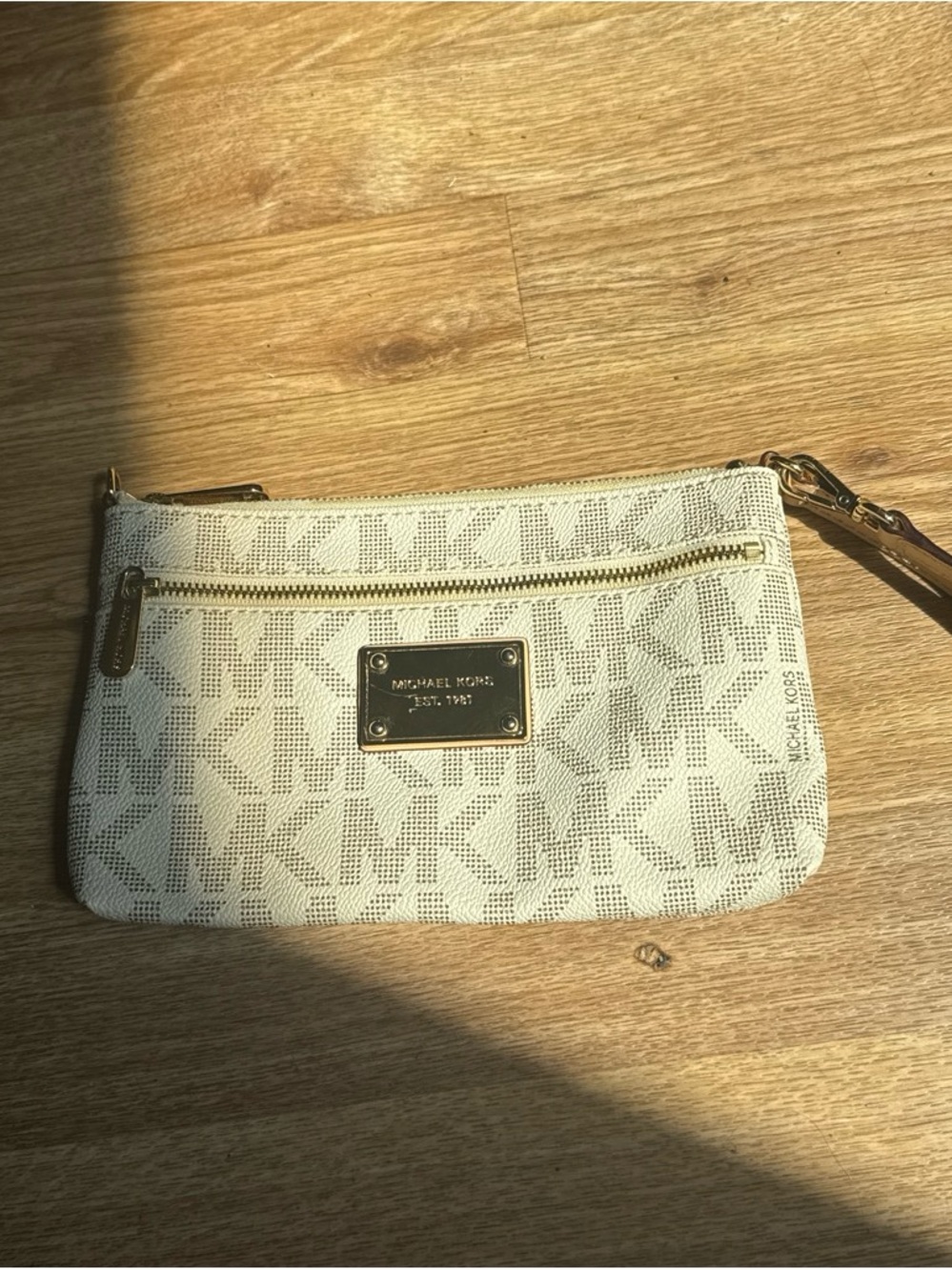Michael Kors Cream MK Logo Wristlet with Gold Hardware